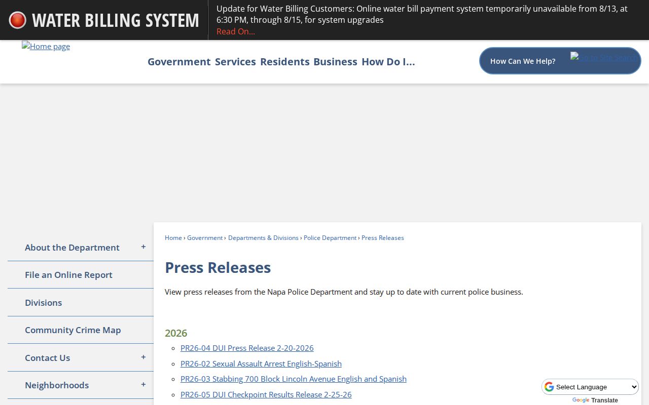 Napa Police official crime news and arrest press release archive