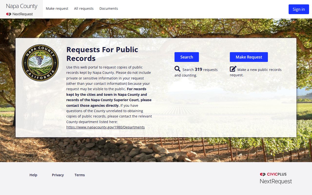 Napa County booking record request portal