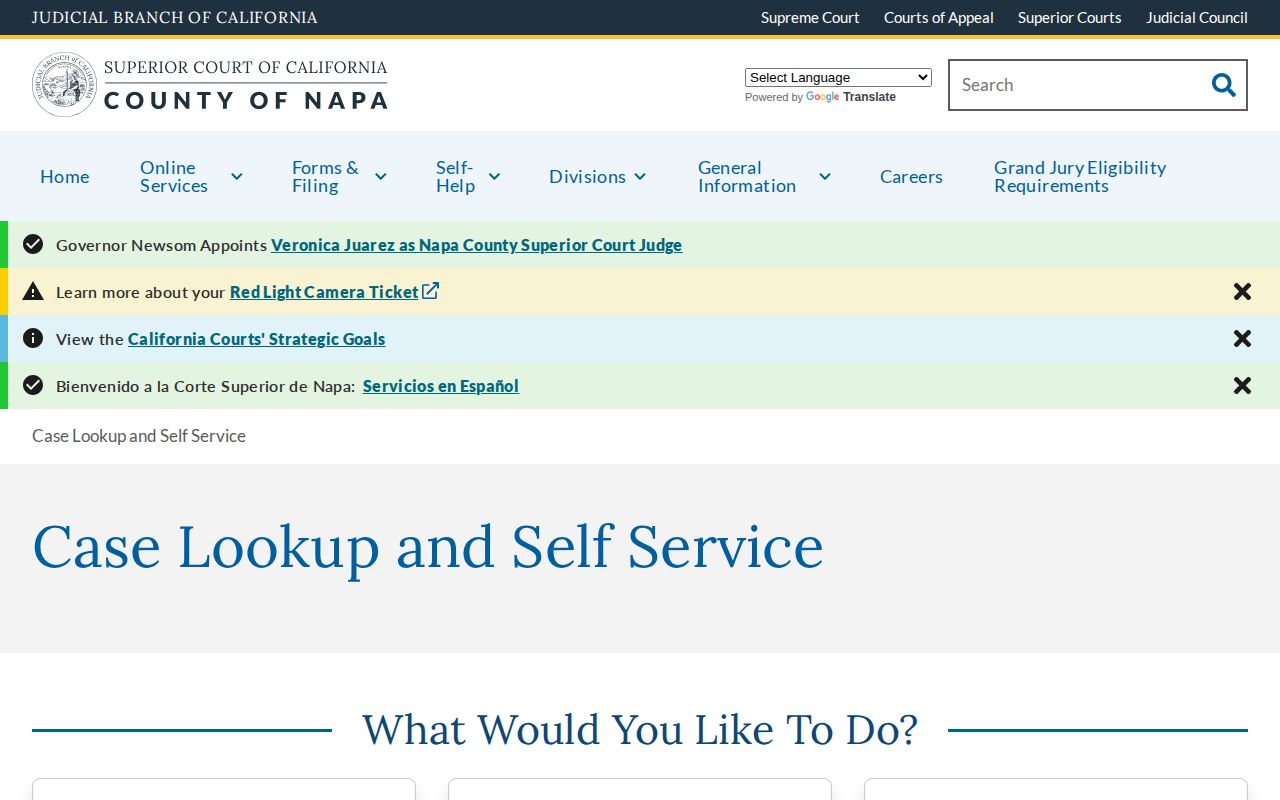 Napa County Superior Court criminal record lookup page