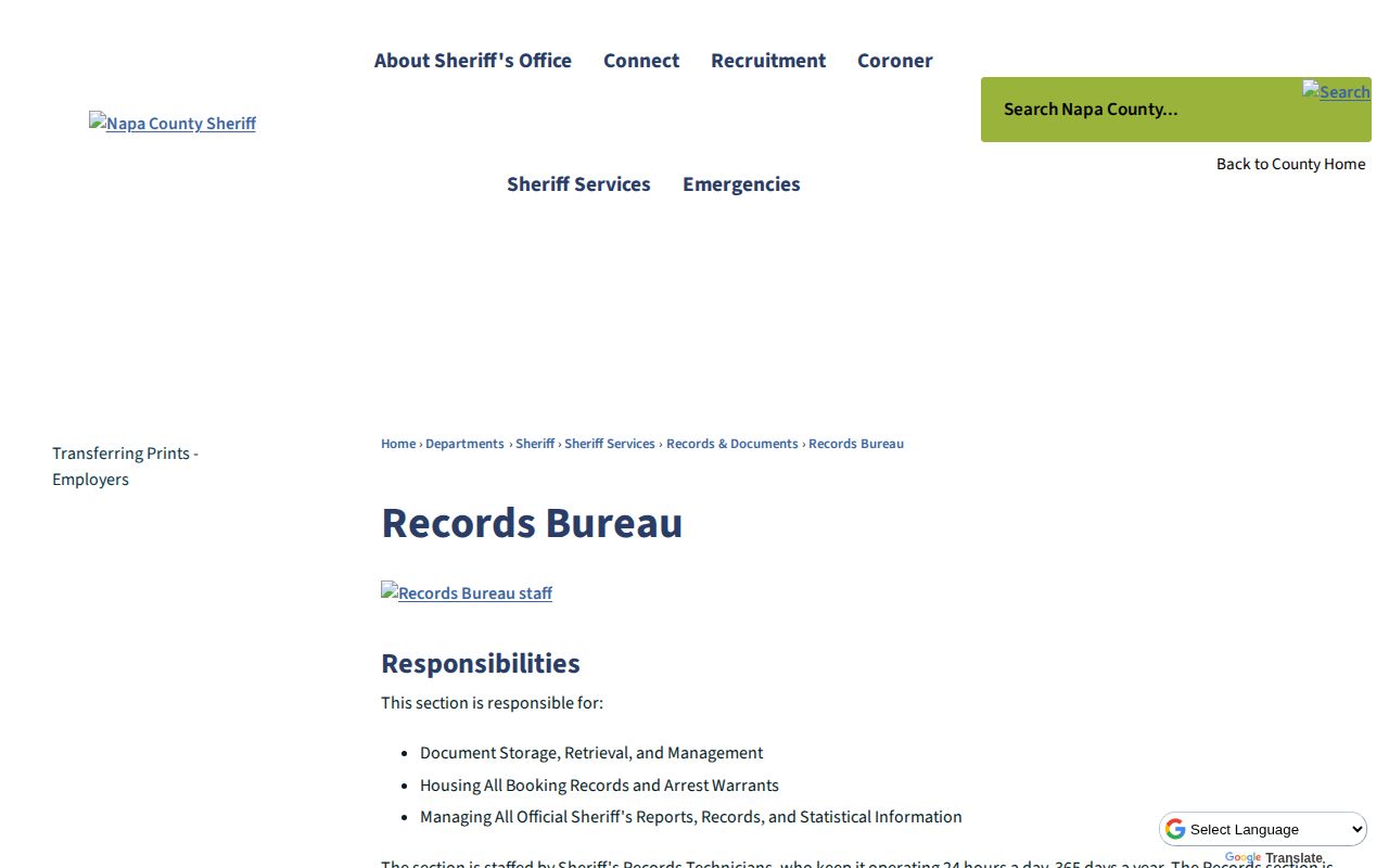 Napa County warrant verification through Sheriff Records Bureau