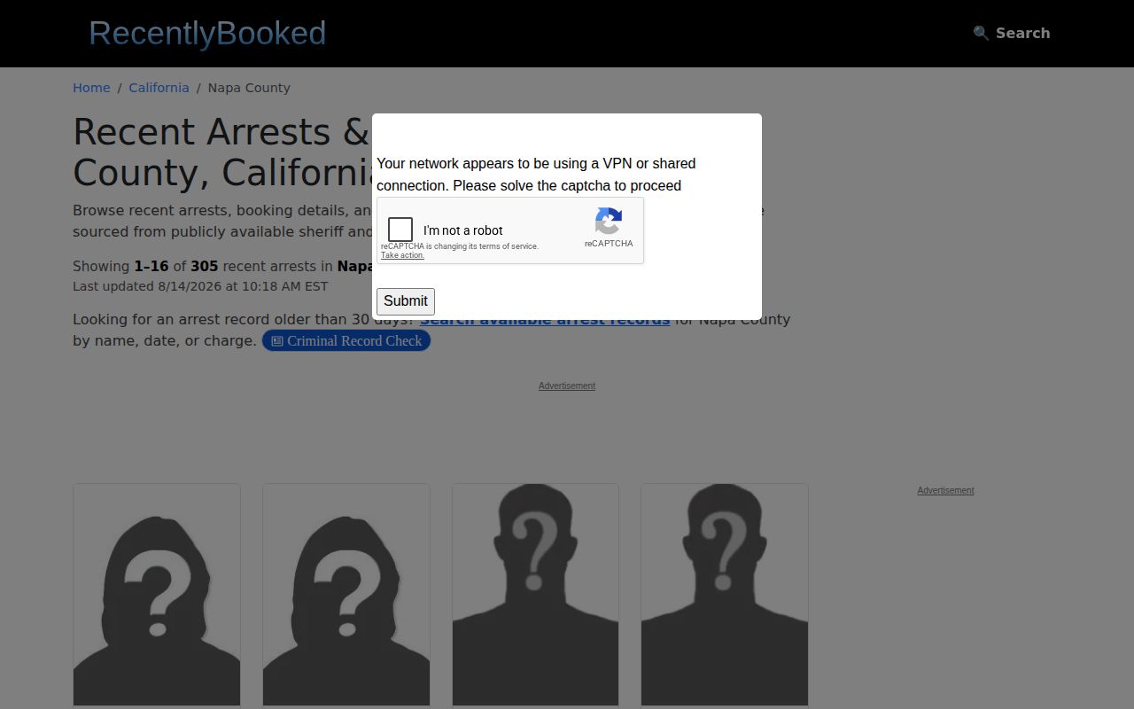 Unofficial RecentlyBooked Napa County arrest records page