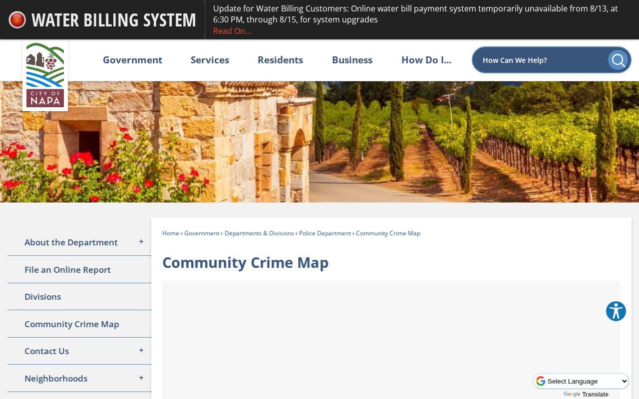 Napa Community Crime Map explanation for Napa arrest record searches