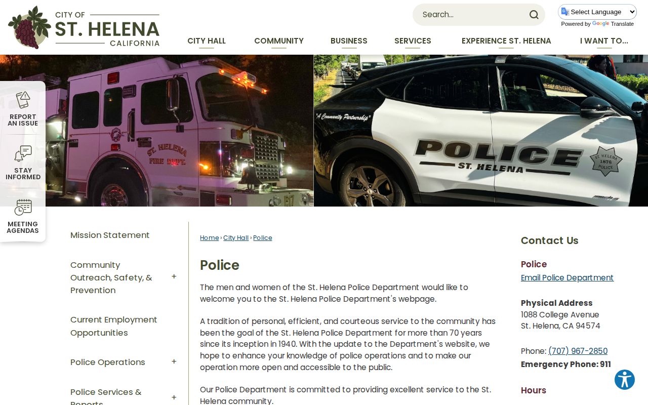 St. Helena Police Department arrest record services in Napa County